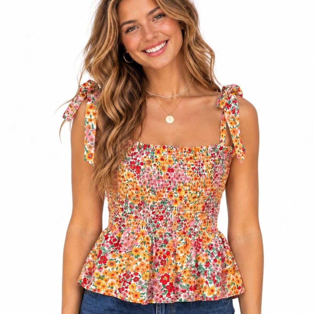 J. Crew Smocked Tie-Shoulder Tank Top Womens XL Yellow Floral Ruffled Top